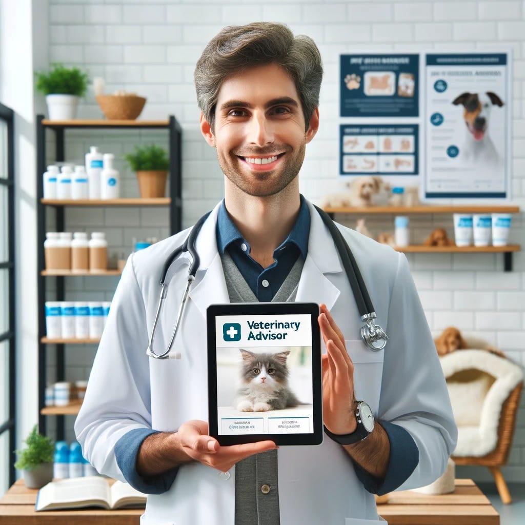 A friendly and professional veterinarian in a modern clinic, holding a tablet showing the Veterinary Advisor app on the screen. The background includes shelves with pet care products, a poster with pet health tips, and a cozy area for pets. The scene is bright and welcoming, with a focus on technology and pet care.