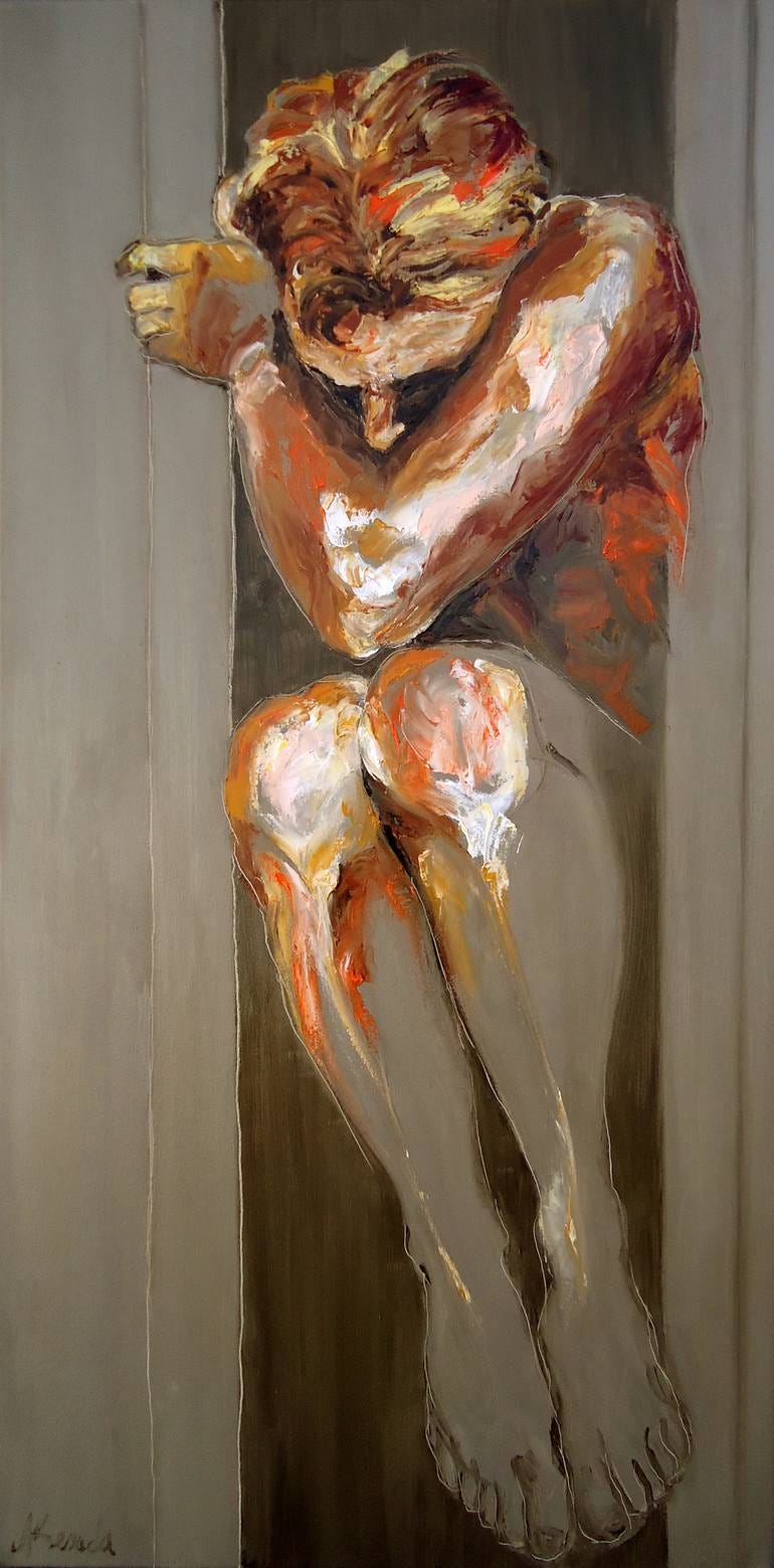 A vertical rectangular (tall and not very wide) painting of Oedipus by Alicia Besada. A man, who may be nude, is hunched with his knees toward his chest. He is white with beige skin and light hair. His face is scrunched. His left arm comes across his chest, so his elbow touches his folded up knees. The upper body and knees of the man are painted in full color, while the further down his legs, the paint only shows the white, shadowed outline of his body. He appears to be crouched between a doorway or small space. He is bordered on the left side by a wall, and on the right side by a smaller wall. His eyes are not open.