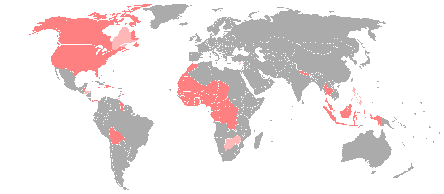 Euro-centric world map, highlighting countries that use ASL or a dialect of it as one of their national sign languages shown in red, or countries where ASL is in significant use alongside other sign languages in peach pink.