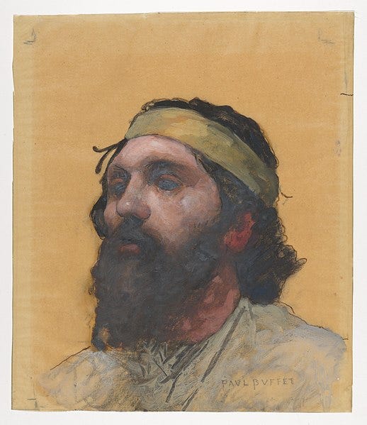Color photograph of a bust sized painting of Homer, a bearded man with a band around his head by Paul Buffet