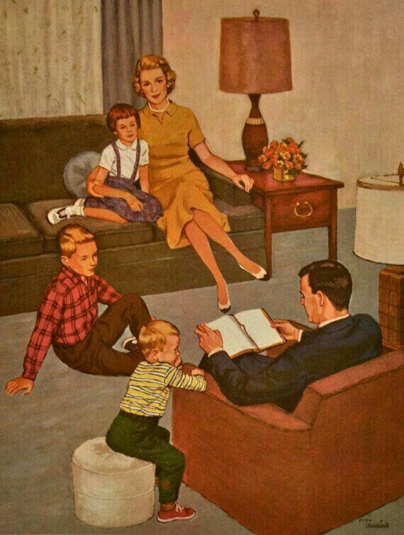 This may contain: a painting of a family sitting in a living room with the child reading a book