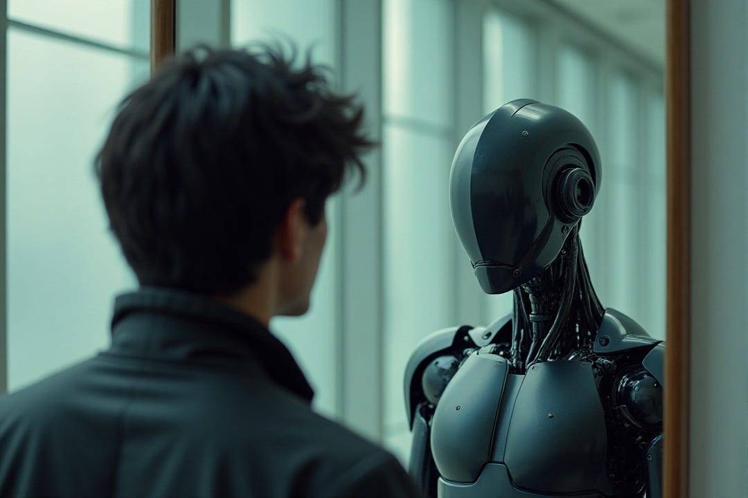 Human facing a mirror reflecting back a dark android