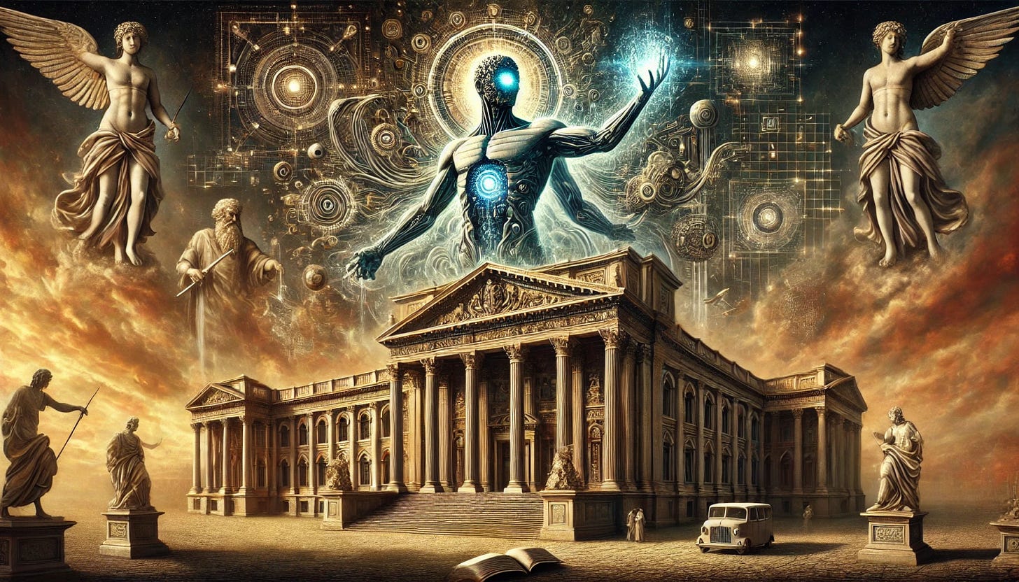 A classic genre artwork, reminiscent of Renaissance or Baroque painting styles, depicting a grand university represented as a majestic classical building with intricate architectural details. From its core emerges a colossal AI entity rendered in an allegorical style, blending mechanical and organic forms, symbolizing growth beyond human control. The AI appears as a towering figure with glowing elements, devouring or overpowering its creators, represented by small, detailed figures of professors or scholars in traditional academic robes. The scene is illuminated with dramatic chiaroscuro lighting, emphasizing the conflict between humanity and its creation, with classical symbols like books, scrolls, and globes juxtaposed against faintly visible futuristic holograms and digital patterns. The composition conveys awe and menace, evoking timeless cautionary themes.