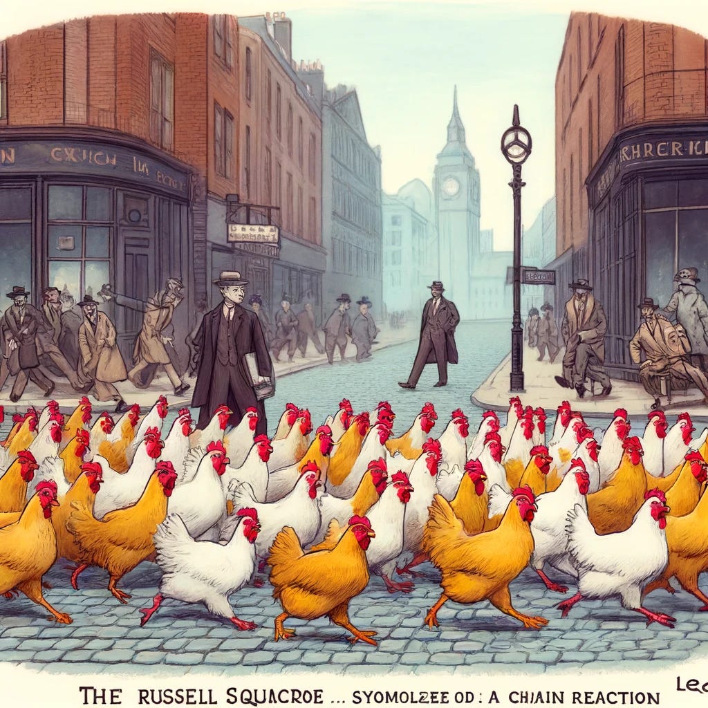 A historical, animated scene set in Russell Square, 1933, inspired by Leo Szilard's metaphor. The illustration depicts the moment when the idea of a chain reaction, symbolized by chickens, came to Szilard. One chicken bravely crosses an old cobblestone street, sparking a flurry of others to follow. Soon, numerous chickens are crossing in what becomes a chaotic 'chicken storm.' The scene captures a mix of confusion and excitement among the chickens, reflecting the concept of a nuclear chain reaction in a playful, non-literal way.