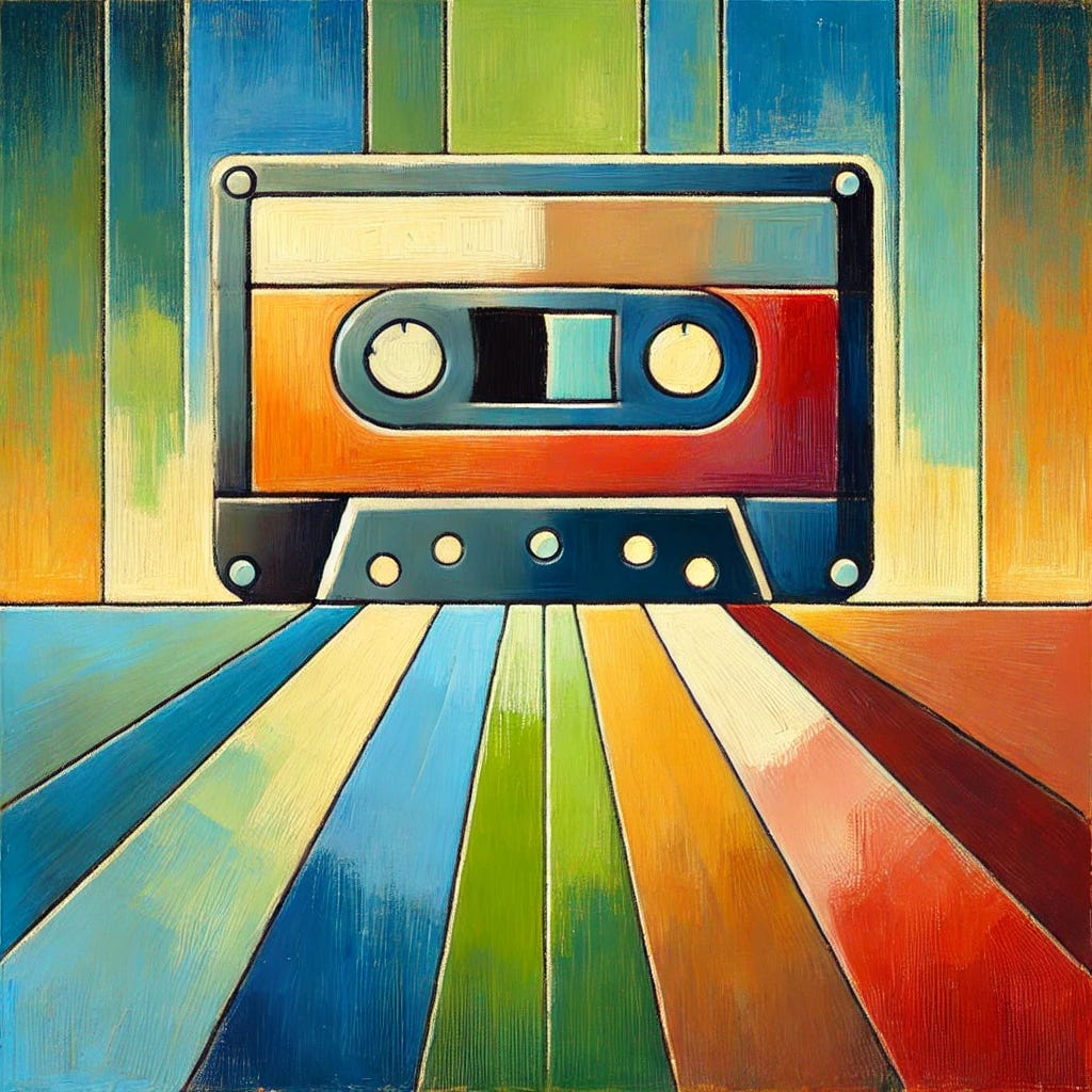 An abstract, playful painting inspired by the concept of nostalgia and the idealization of the past. The composition features a central object symbolizing a retro cassette tape, represented in a simplified, geometric form with bright, bold colors. The background consists of harmonious shades of green and blue, evoking a peaceful and natural atmosphere, with subtle gradients to create depth. Visible brushstrokes add texture and movement, emphasizing a decorative, two-dimensional appearance. The overall aesthetic conveys a sense of peace, freedom, and playful simplicity.