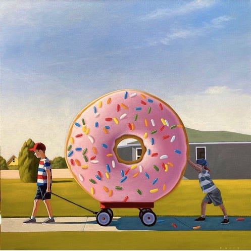 A painting of a large doughnut on a cart

Description automatically generated