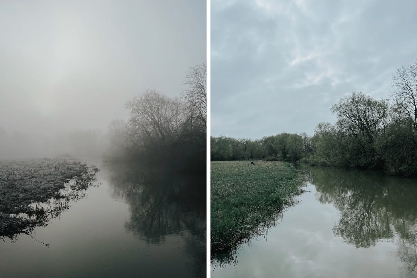Two views of a river, in mist and cloud