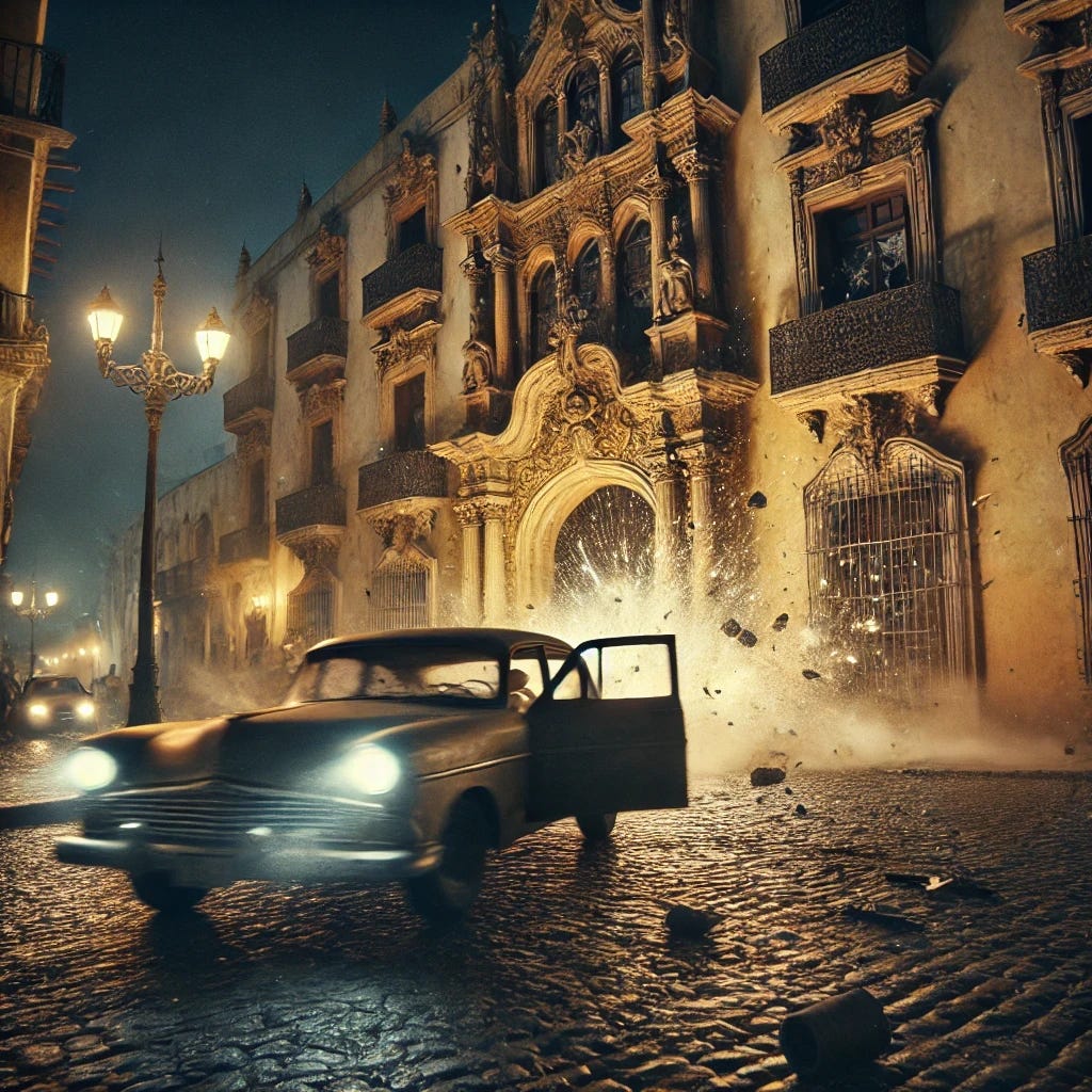 A nighttime scene in the Old Town district of Santa Maria, showing a drive-by shooting in progress. A battered sedan speeds down a cobblestone street, its tires screeching and its windows open as flashes of gunfire erupt from within. The facade of the Santa Maria Hotel looms in the background, its Gothic architecture illuminated by streetlights. The entrance of the hotel is damaged, with shattered glass and chunks of stone littering the ground. The scene is chaotic, with debris flying, bullet holes visible in the hotel's ornate carvings, and the atmosphere charged with tension. There are no visible characters or figures in the image, focusing entirely on the setting and action.