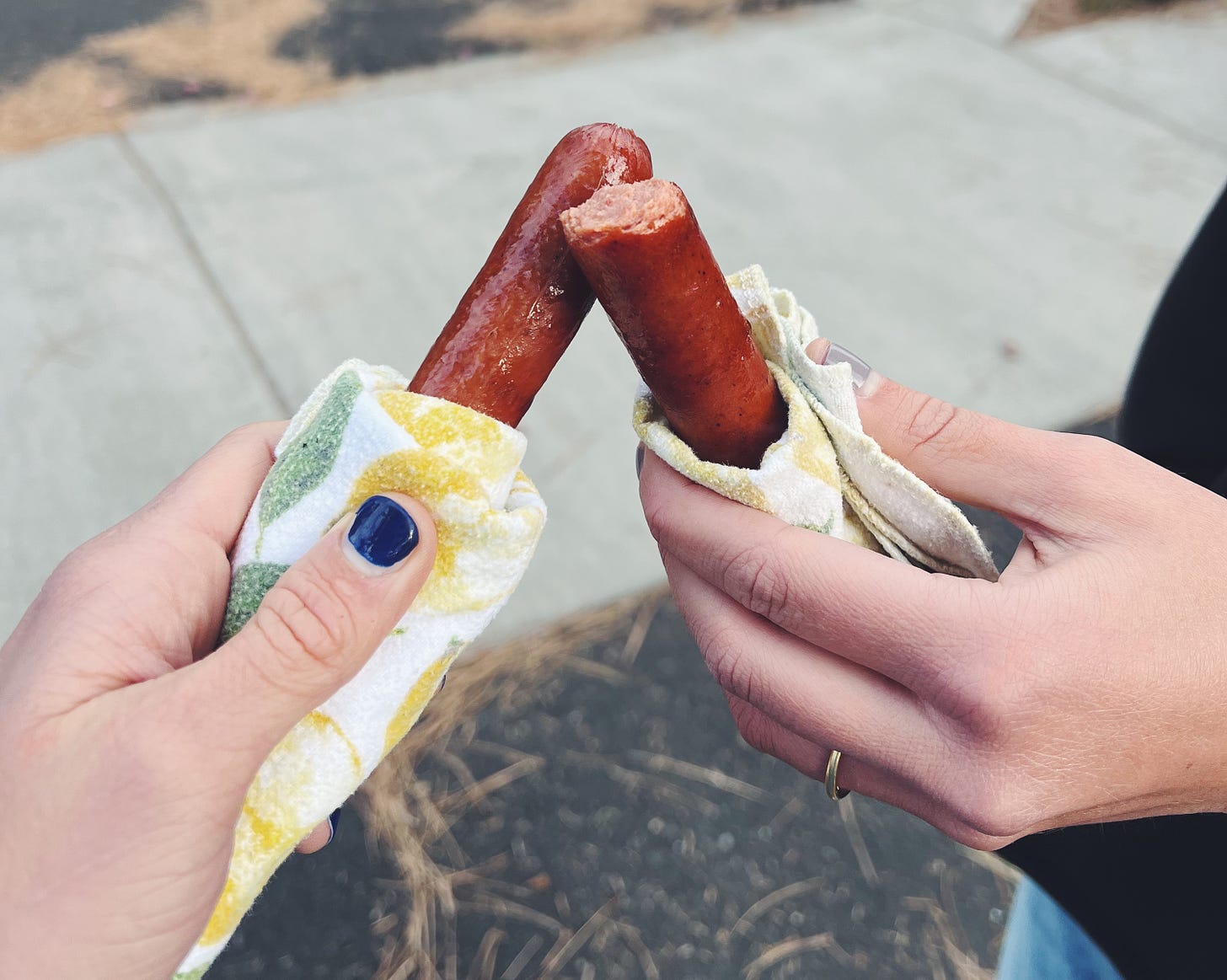 Us holding two hot dogs