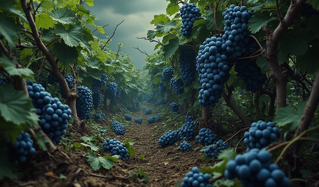 The image shows a vineyard with rows of grapevines, each heavily laden with large clusters of deep blue or purple grapes. The vines stretch into the distance, creating a tunnel-like perspective, with clusters of grapes hanging from both the vines and on the ground. The vineyard appears lush with green leaves and fertile soil, suggesting a healthy, productive environment. The sky above is overcast, with a moody, cloudy atmosphere, adding a sense of drama to the scene. The overall impression is one of abundance, with the grapes ready for harvest.