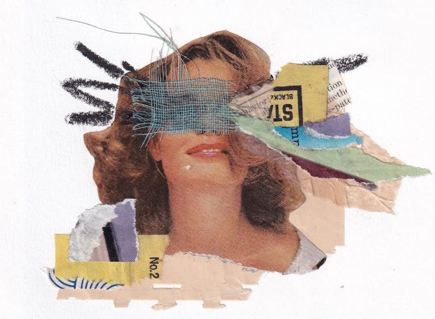 analog collage with the central image of a woman's head and shoulders, with scribbles and scraps of paper obscuring her eyes