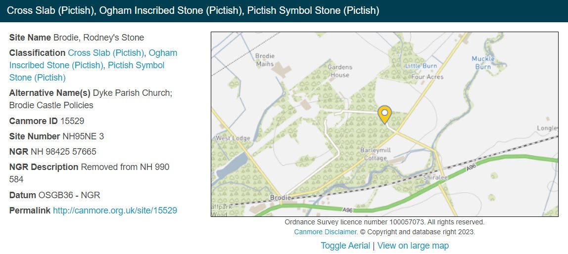 Sample Canmore entry for Rodney’s Stone at Brodie, Moray, with the National Grid References and stone location shown on a map