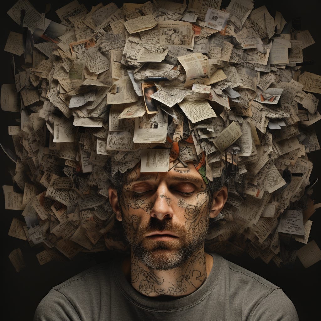 man's head is covered with a huge, dense cloud of pages torn from books
