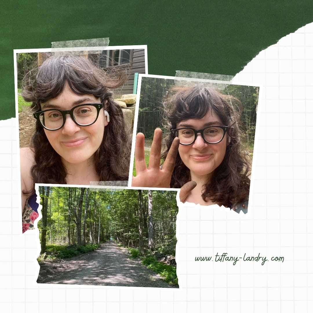 Picture 1 shows Tiffany smiling at the camera, Picture 2 shows Tiffany smiling at the camera and showing her dirty hand to the camera, Picture 2 shows a country road with green trees.