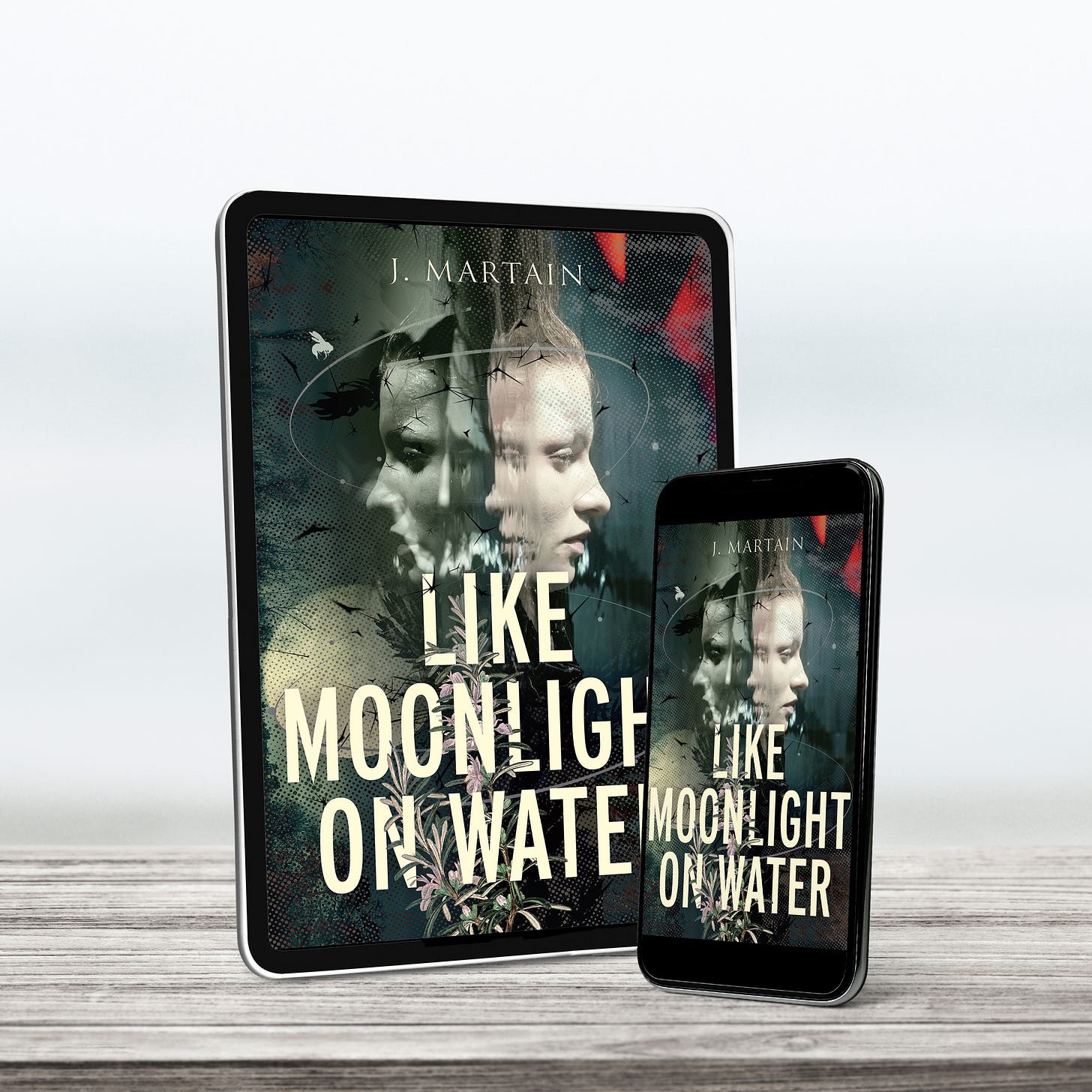 tablet and phone displaying cover of Like Moonlight on Water
