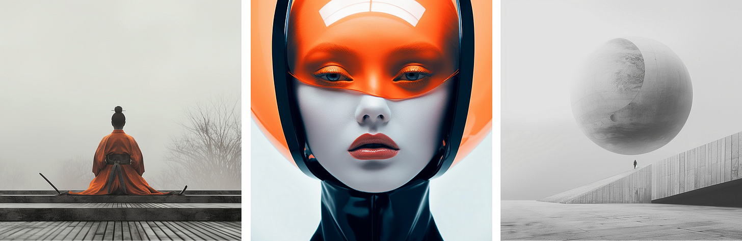 Samurai in zen garden | Futuristic high fashion | Futuristic temple of digital gods