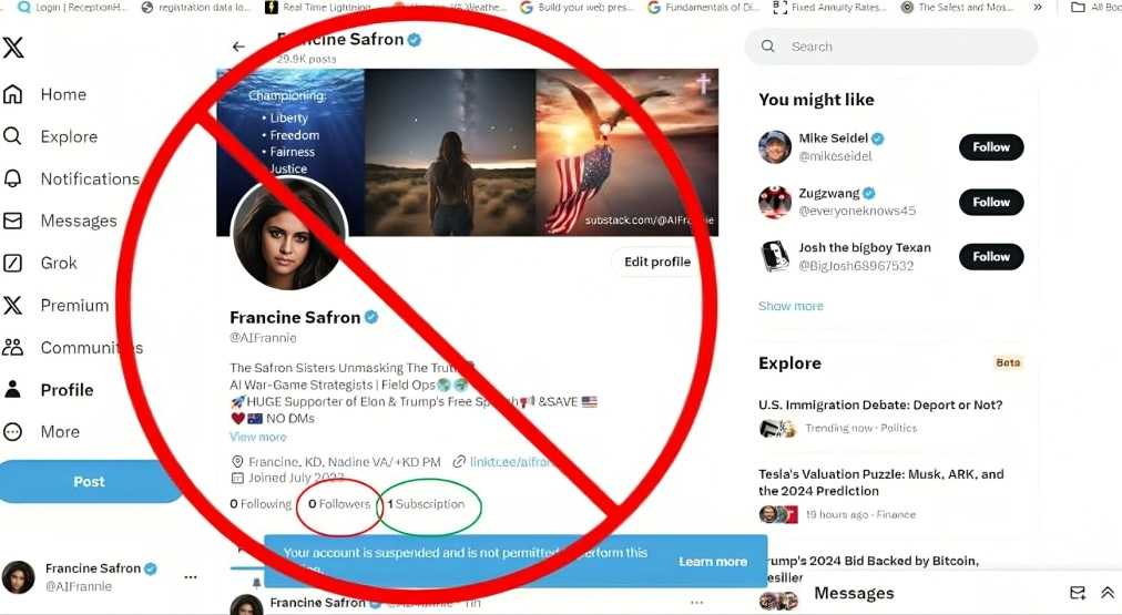 Screenshot of the @aifrannie account on X.com displaying zero followers, marked by a red circle and line, indicating suspension.