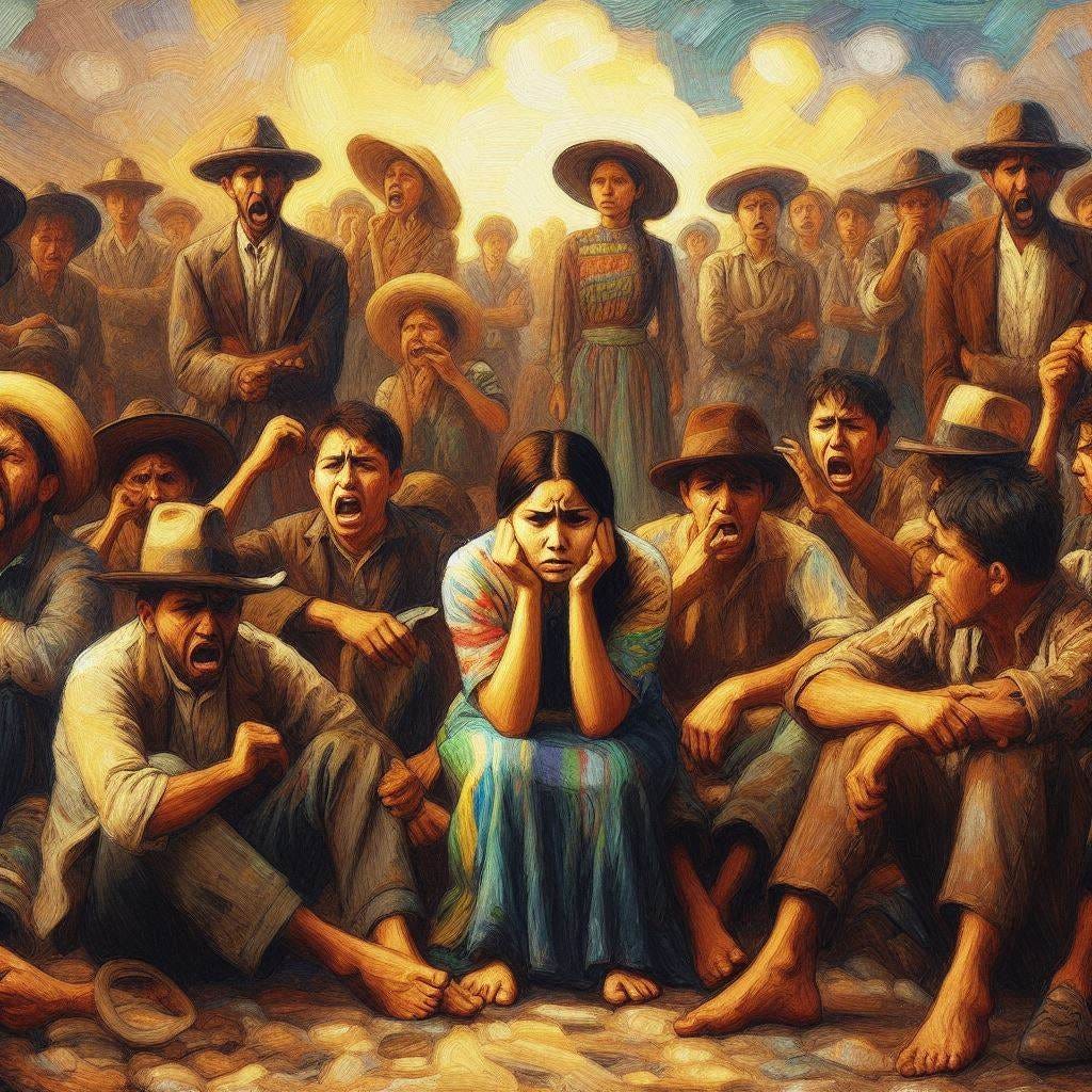 A modern oil painting style image of people upset about being deprived of their rights. 