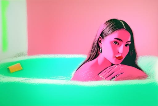 Pink woman in a green bath tub