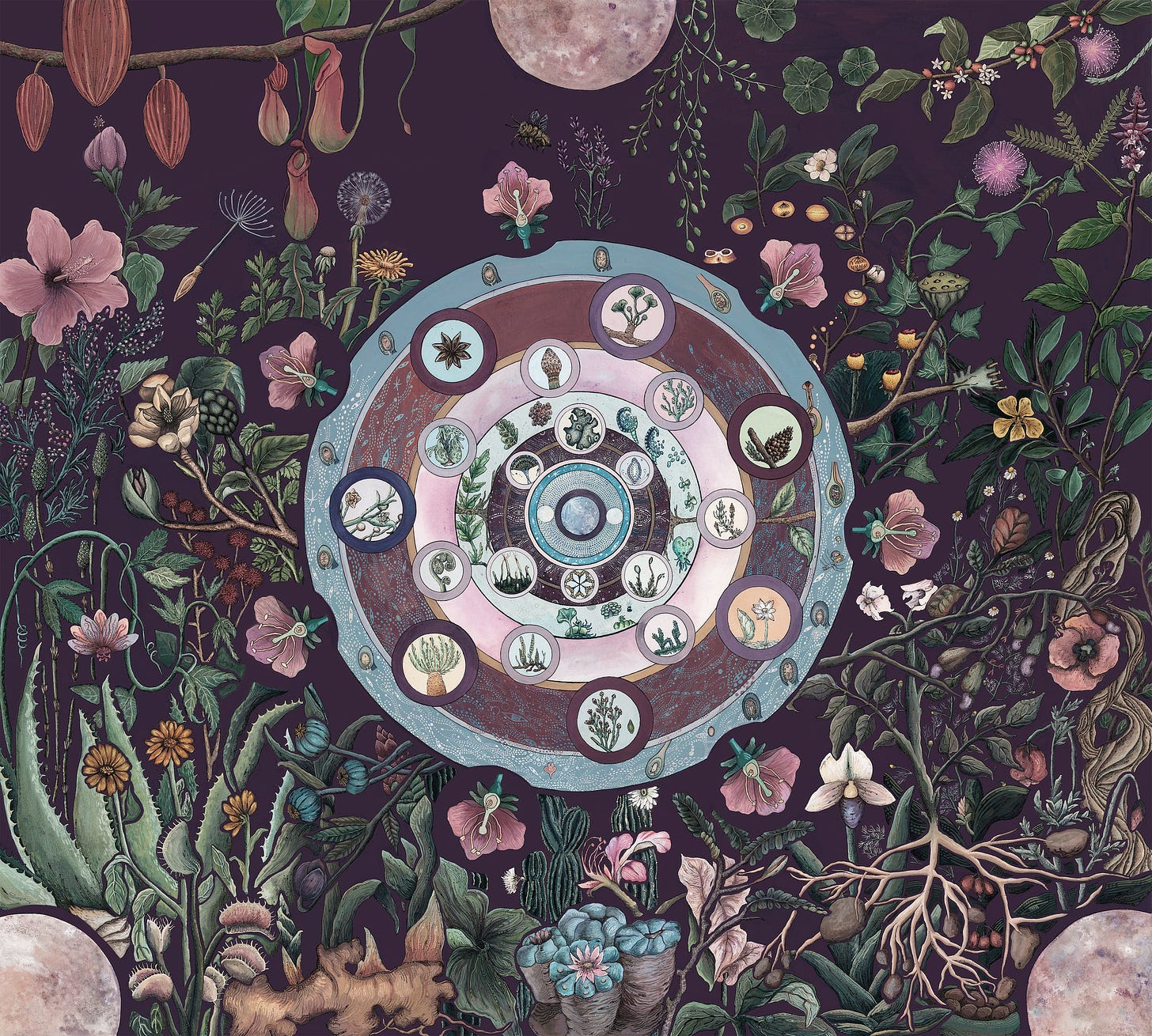 A large painting with many plants against a black background. A circle is painted in the middle with many smaller circles within it that hold different unique plants within each. 