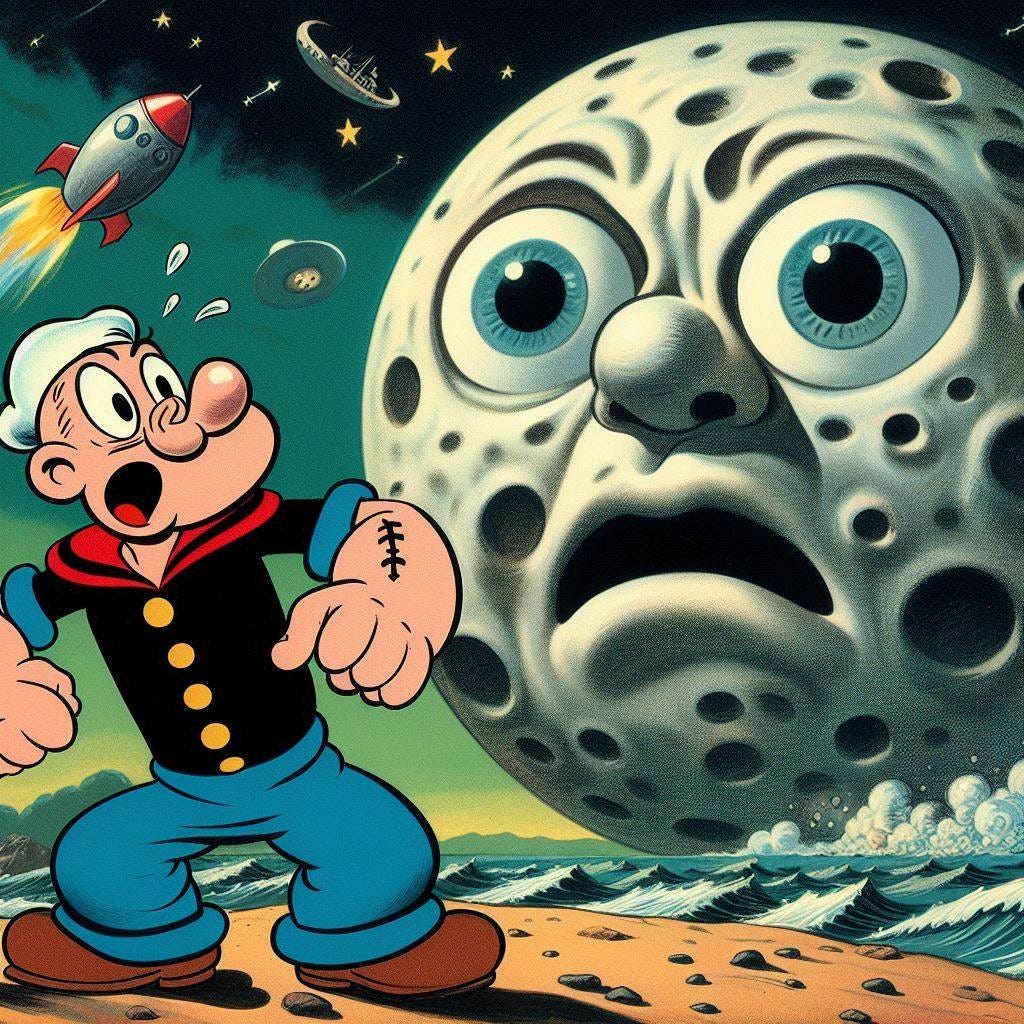Popeye scared on planet, giant moon with eyes in sky, 1930s color cartoon