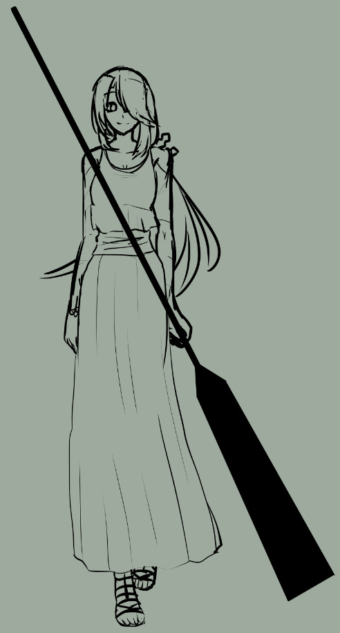 sketch of a girl in ancient greek clothing holding an oar