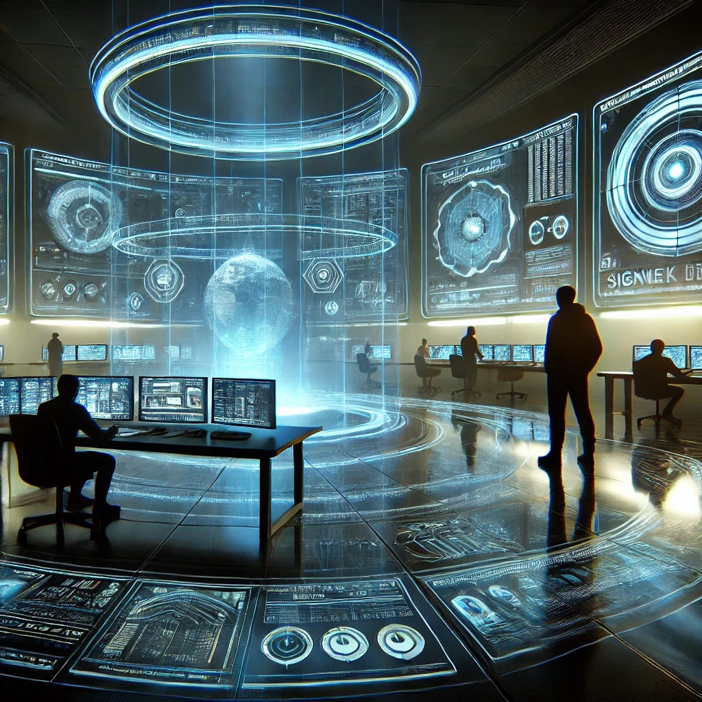 A futuristic command center with curved holographic displays showing network activity and signal detection interfaces. In the foreground, silhouetted figures work at terminals with floating AR displays. Dramatic blue lighting casts long shadows across the scene, creating a moody atmosphere. The style is sci-fi realism with a professional cybersecurity aesthetic, in ultra HD quality with intricate details and immersive visuals.