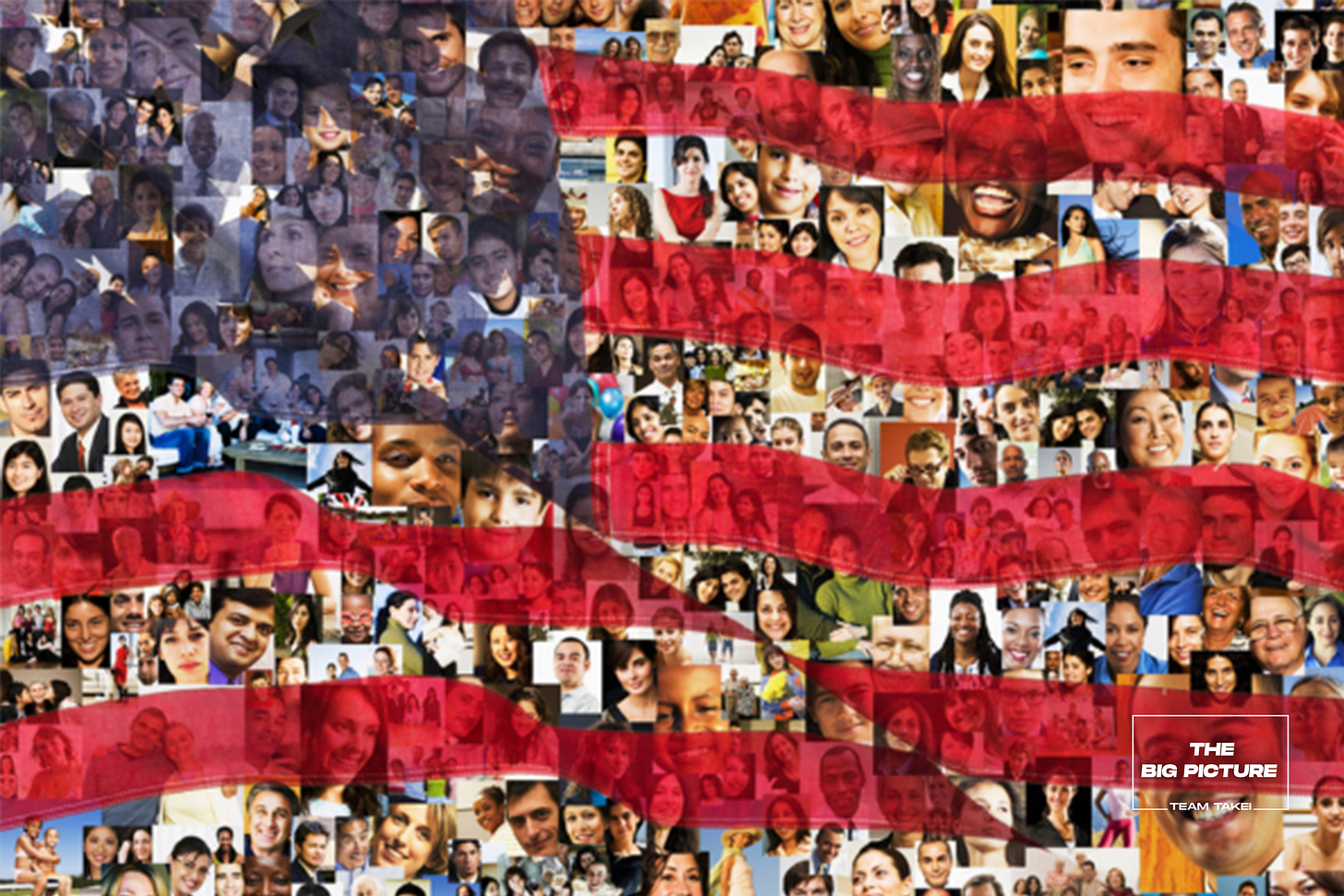 American flag over collage of diverse people.