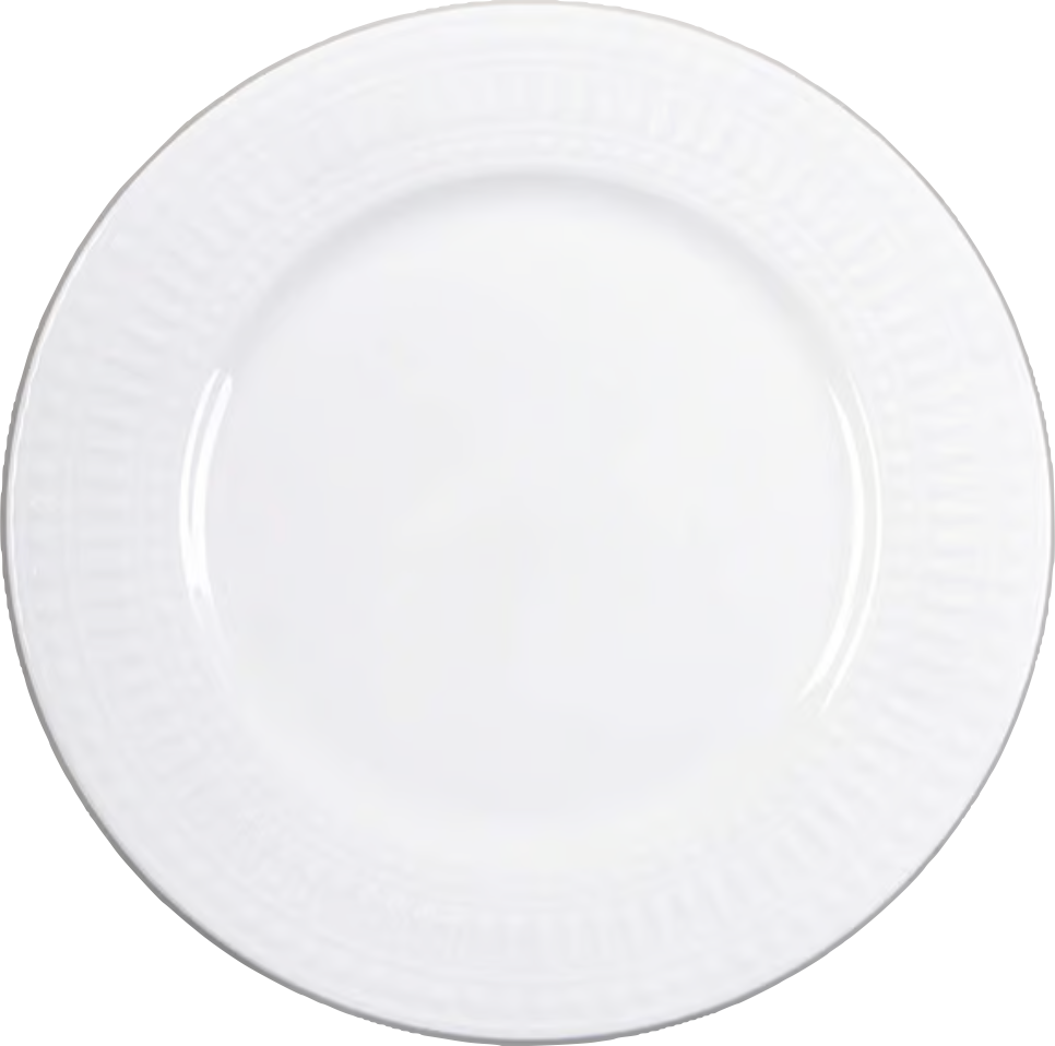 A photo of a white porcelain Pfaltzgraff “Cassandra” dish pattern with a ribbed and dotted rim.