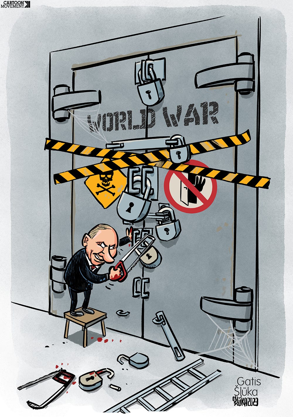 Cartoon showing Putin in front of a closed steel door with many, many locks. The door is labeled 'world war'. Although there are many locks left, Putin has already cut thought some of them and is now working on another.
