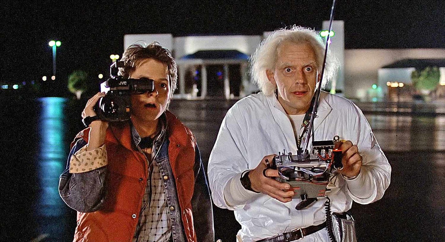 Scene from Back to the Future movie - Doc and Marty McFly in a car park