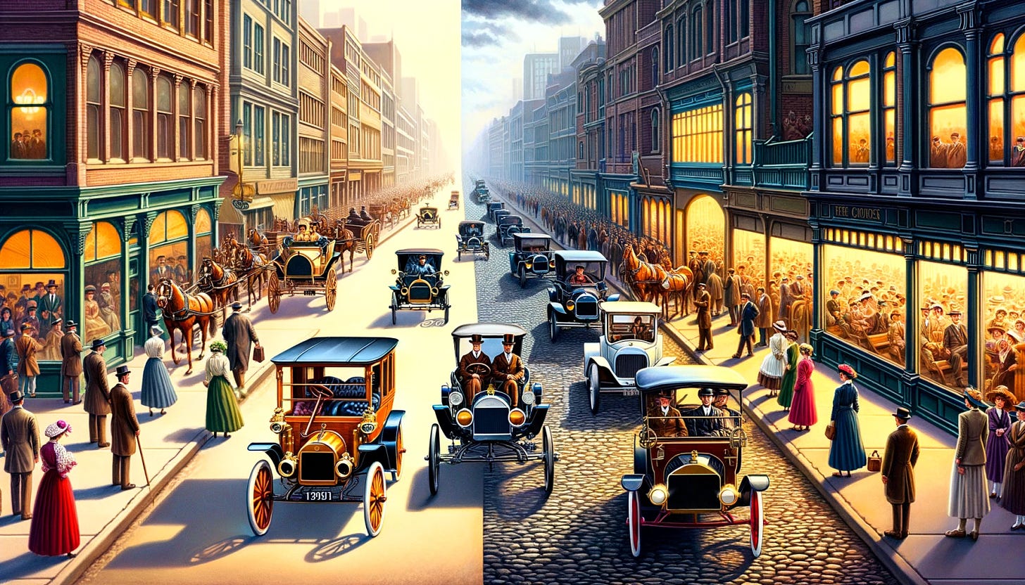 Illustrate a bustling city street from the early 20th century during the transition from horse-drawn carriages to automobiles. The scene is split into two contrasting halves. On the left, vibrant and busy with the new age of transportation, there are various early model cars, each distinct in design, color, and shape, driving on a smoothly paved road. People dressed in period attire are admiring the cars, some with fascination, others with skepticism. On the right, a quaint, less busy cobblestone street with horse-drawn carriages and pedestrians in old-fashioned clothing, seemingly unaware of the impending change. This side of the street has a nostalgic, almost serene atmosphere, starkly different from the left side's dynamic energy. The image captures the pivotal moment of technological transition, highlighting the contrast between old and new modes of transport.