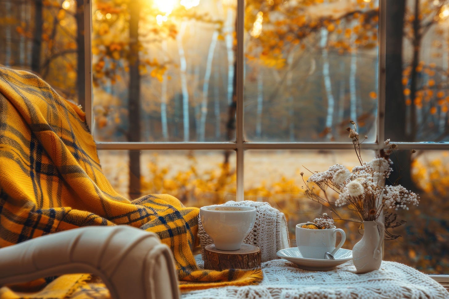 Cozy autumn scene with a warm blanket tea cup and flowers by a window overlooking an orange forest.