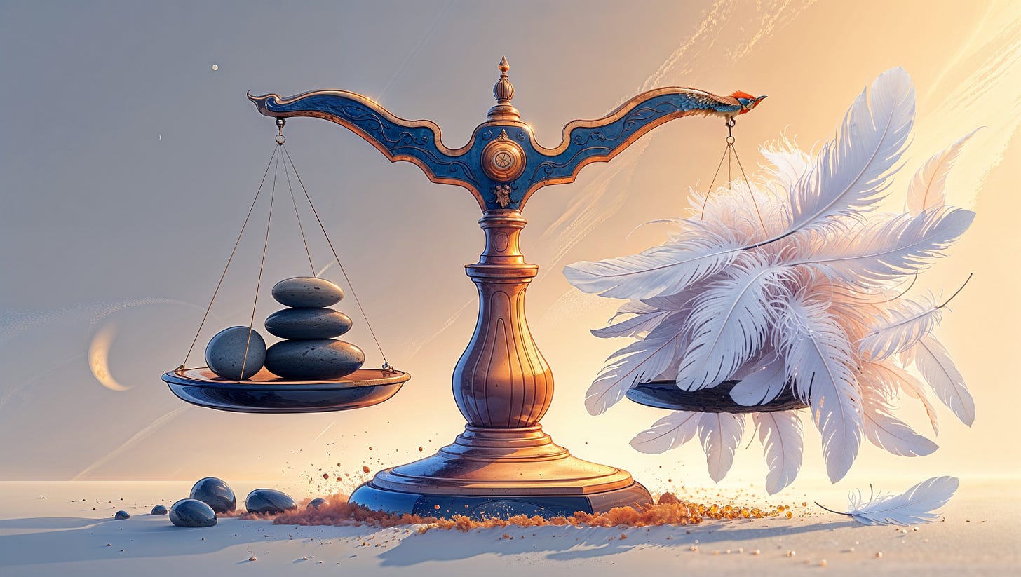 A conceptual illustration of a traditional balance scale, rendered in a stylized, dreamlike fashion, with bold lines, vibrant colors, and subtle textures. The scale's arms and central pivot are exaggerated, with ornate carvings and intricate details. The left side holds one and a half smooth, dark gray stones of varying sizes, with a few subtle dust particles scattered around the base. On the right side, a delicate, overflowing cascade of soft, white feathers, collectively weighing 1 kilogram, with a few stray plumes drifting away from the central mass. The entire scene is bathed in a warm, golden light, with a soft, gradient background that evokes a sense of serenity and balance.