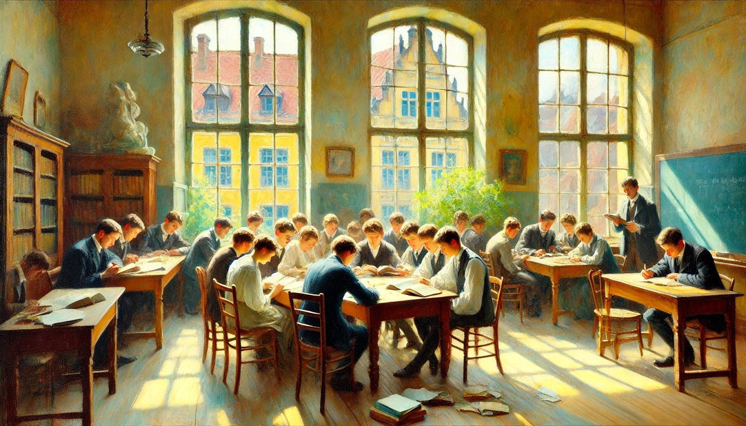 An impressionistic oil painting of a class of students studying together, inspired by Fritz Syberg's style. The scene features a group of students seated around a wooden table, with open books and notes scattered, but without any visible letters or writing. Soft, dappled light streams through large windows, creating a serene and harmonious atmosphere. The room is cozy and simple, and through the windows, old European buildings with tiled roofs and ornate facades are visible. The color palette is gentle and pastel-like, with soft yellows, greens, and blues evoking the tranquility of a peaceful, sunny day.