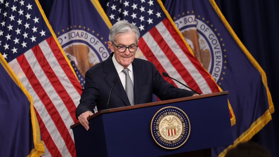 Federal Reserve Board Chairman Jerome Powell speaks during a news conference after a Federal Open Market Committee meeting on November 01, 2023 at the Federal Reserve in Washington, DC.