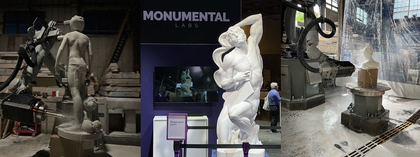 Promotional images from Monumental Labs, showing statues built by robots