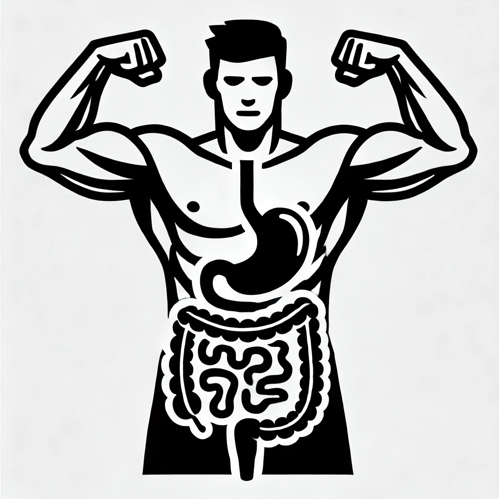 A simple black and white drawing of a muscular man with his gut visible. The man should be flexing his muscles, showing strong arms and abs. The gut area should be depicted with simple lines to indicate the stomach and intestines, emphasizing the connection between muscle health and gut health.