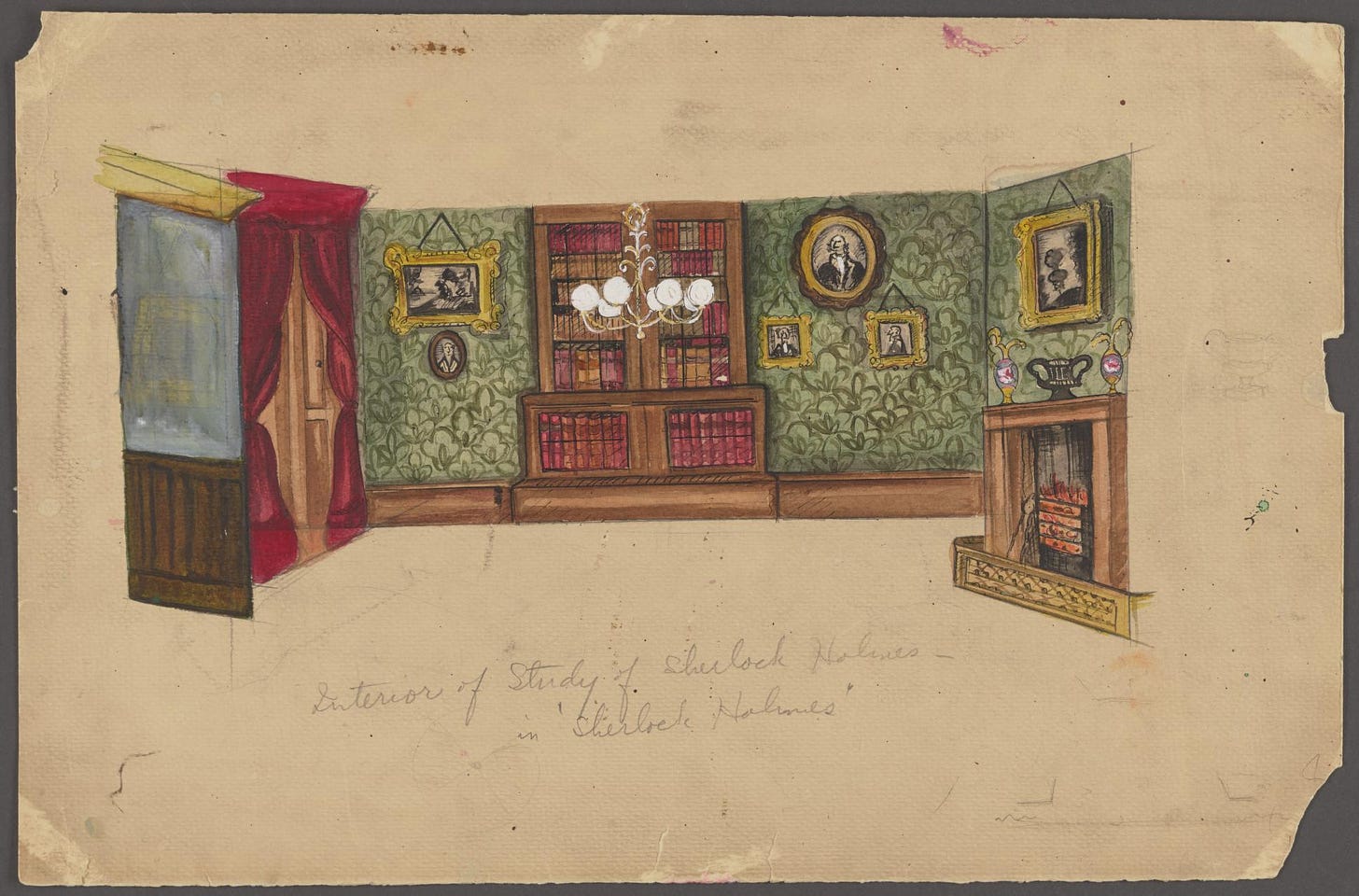 a drawing of a stage set for 221 Baker street. Handwritten caption reads 'Interior of Study of Sherlock Holmes, Sherlock Holmes'