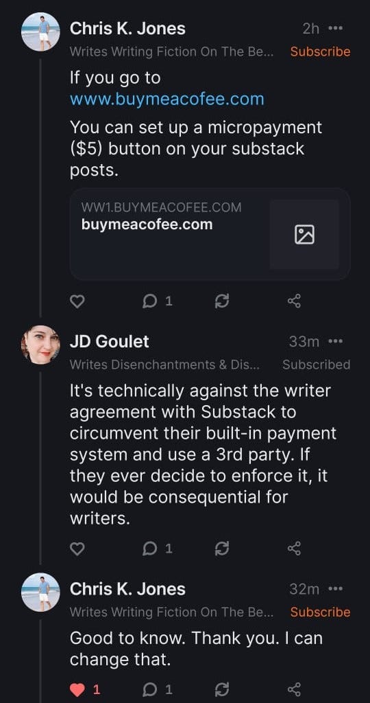 Substack Notes conversation in which Chris K Jones says he can fix the problem with the writer's agreement that prevents linking to methods for tipping