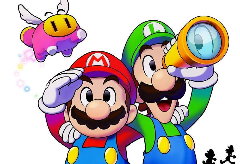 Illustration of Mario and Luigi standing next to each other. Luigi is looking through a telescope