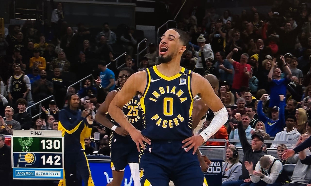 Tyrese Haliburton poses after hitting a big 3 in the Pacers’ win over the Bucks.