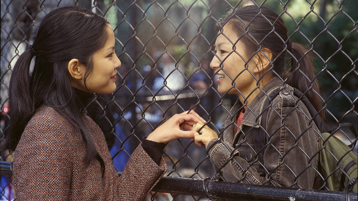 Saving Face | Still features Lynn Chen and Michelle Krusiec as a couple in love, separated by a fence.