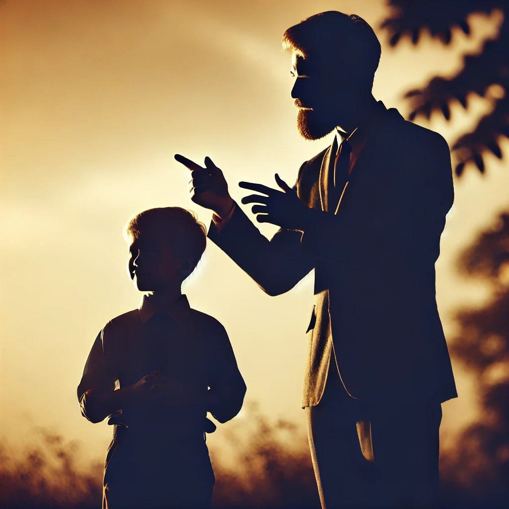 A silhouetted image of a man with a beard and a suit teaching a young boy. The man is standing, pointing to something in the distance as the boy listens attentively. They are outdoors, with a soft glow of light creating a warm, sunset-like atmosphere. The figures are entirely in shadow, with the man's beard and suit visible in the silhouette. Their gestures and body language are clearly visible, but no facial features or specific details. The background is blurred to emphasize the interaction between the man and the boy.