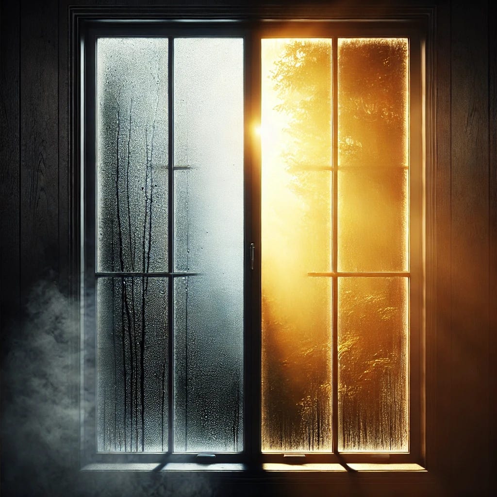 A window divided into two contrasting halves. The left side of the window is foggy, covered in condensation, with water droplets running down the glass. Behind this side, the background is dark and shadowy, evoking a mysterious, moody atmosphere. The right side of the window is crystal clear, allowing bright, golden light to stream through, revealing a warm and inviting background. The composition highlights the contrast between darkness and light, mystery and clarity.