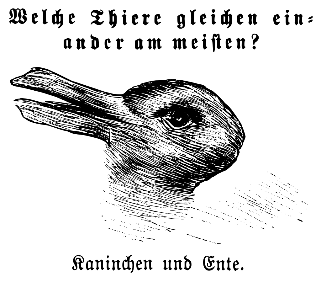 A duck or a rabbit, or both - ink drawing. German lettering asking which you see.