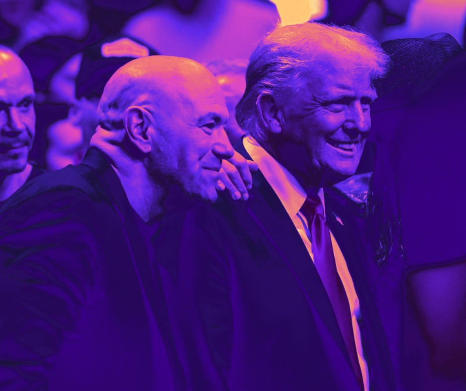 A color-altered photo shows Joe Rogan with his hand on Donald Trump's shoulder, both smiling for a camera.