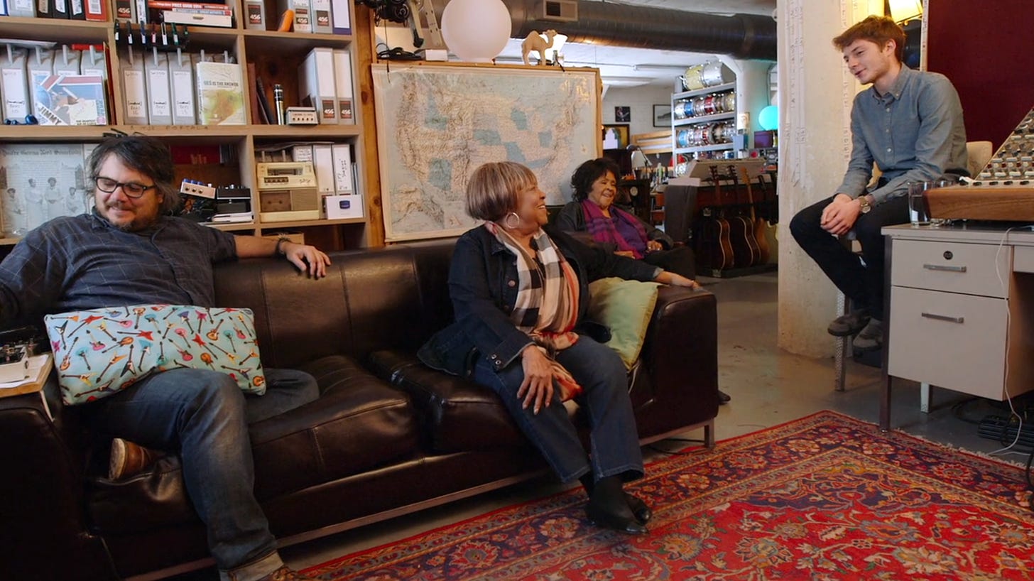 Jeff Tweedy, Mavis Staples, Yvonne Staples, and me sit in the control room of the Loft in Chicago, seen in the 2015 film Mavis!