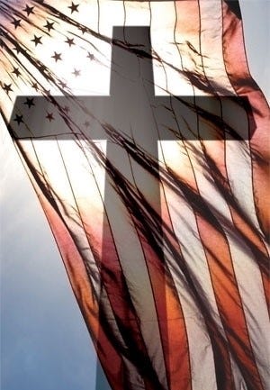 Photo of American flag with cross silohuetted behind it