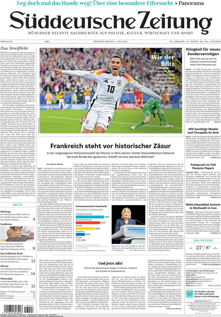 Süddeutsche Zeitung - Front Page - 07/01/2024